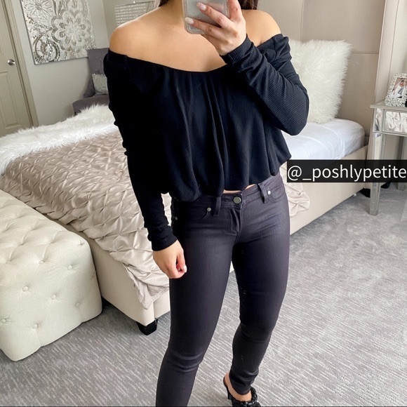 Free People Waffle Knit Thermal Long Sleeve black crop Top - Picture 2 of 15